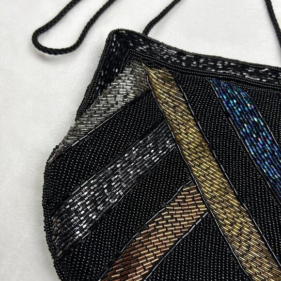 Vintage Beaded Evening Bag Black Rainbow Shoulder Purse Garfinckel's Pocketbook - Picture 7 of 12